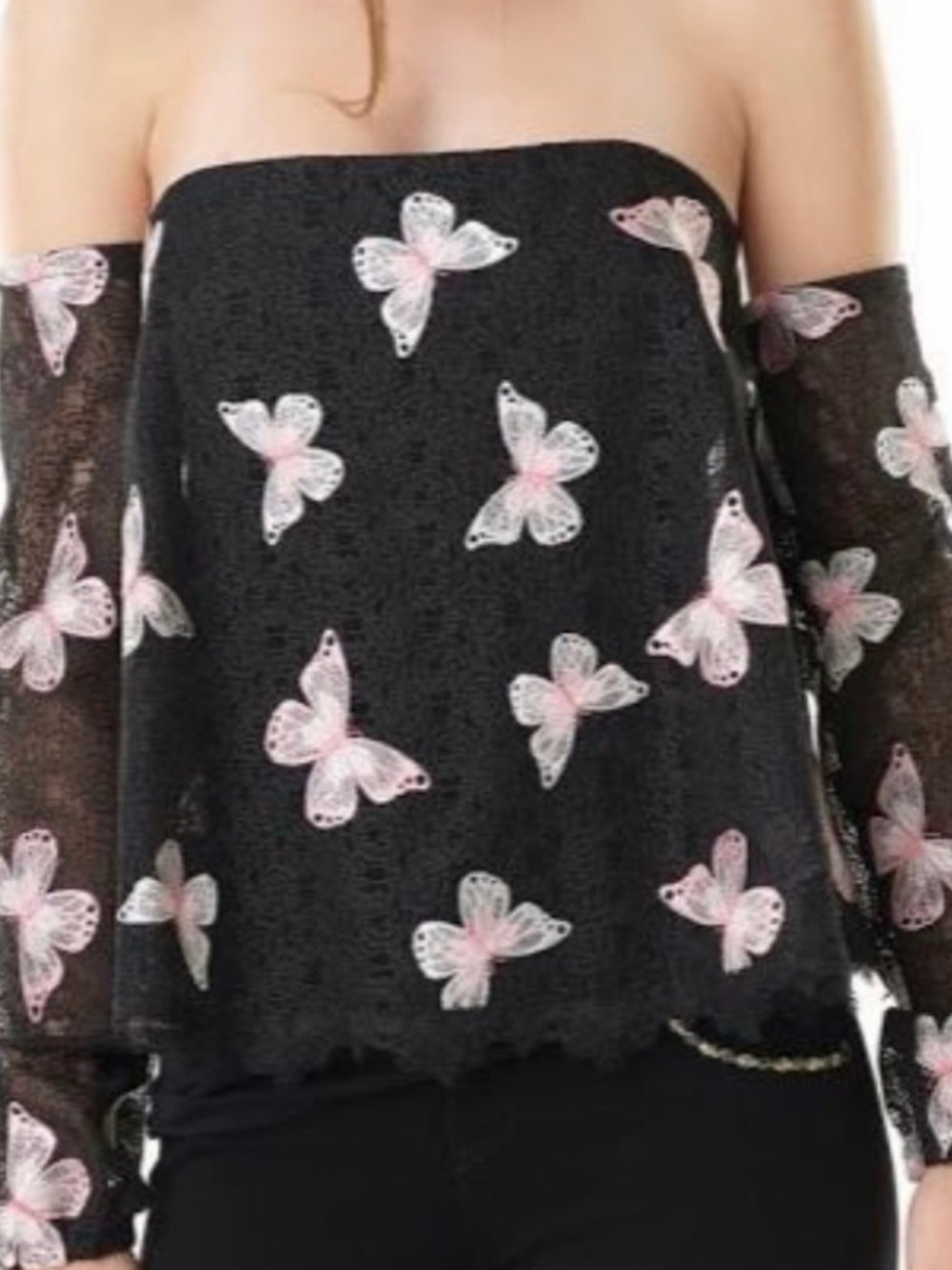 Alberto Makali Black Strapless Lace Top with Pink Butterfly Accents